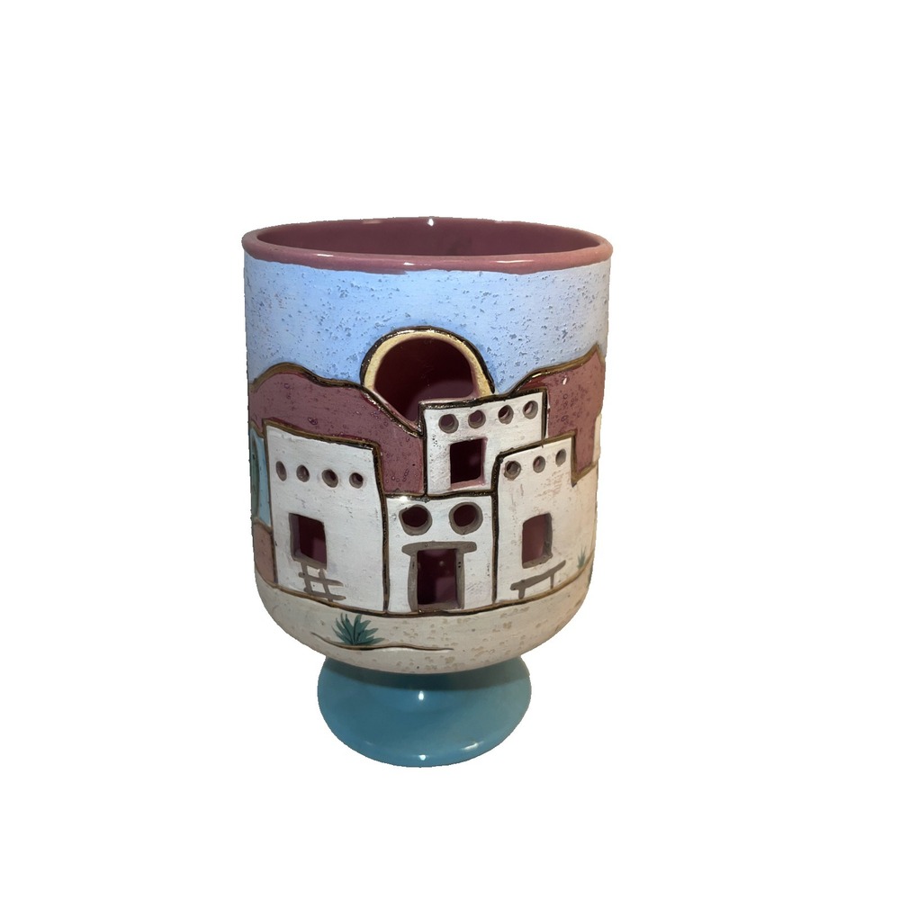 Painted Ceramic Southwestern Pottery Gold Trim Candle Holder Sign Barb Erdman